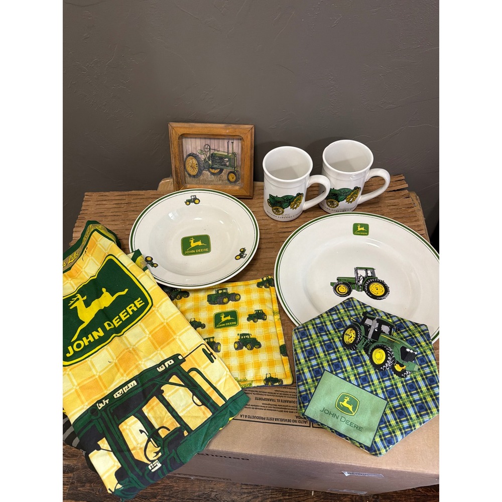 John Deere Kitchen Bundle Mugs Plates Apron Pot Holder Framed Art 8pc Set